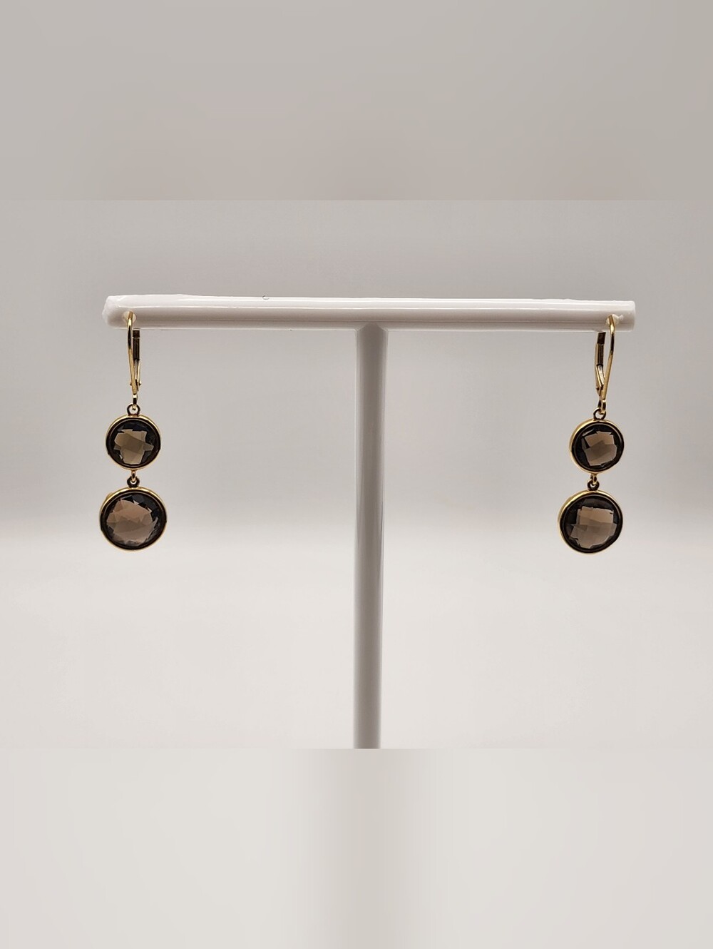 14K Yellow Gold Mexico Smoky Quartz Double Drop Leverback Earrings 1.75” 3g